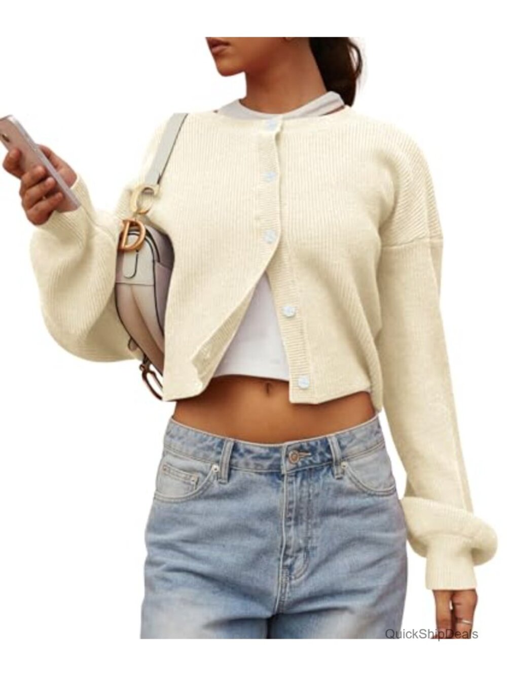 Women's Cropped Chunky Knit Cardigan Sweater Button Down Long Sleeve K